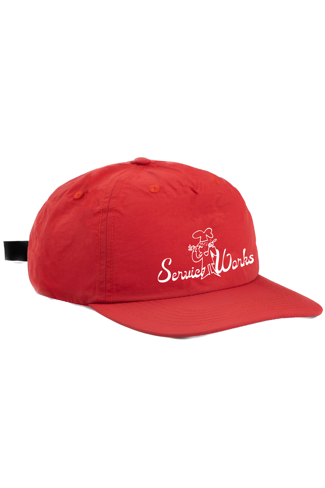Red nylon Chefs Kiss Cap with unstructured low profile design, curved peak brim and adjustable webbed strap for everyday streetwear