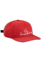 Red nylon Chefs Kiss Cap with unstructured low profile design, curved peak brim and adjustable webbed strap for everyday streetwear