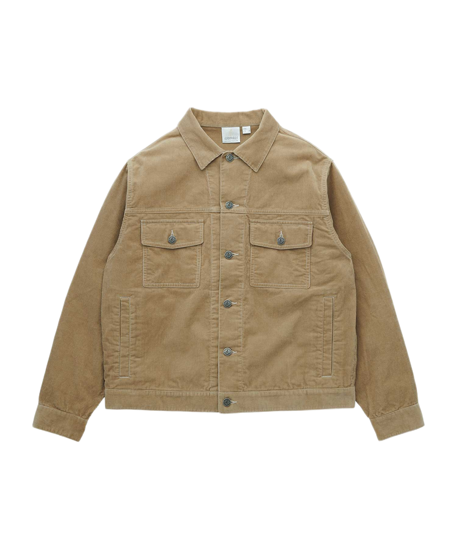 Beige corduroy trucker jacket with workwear design, chest pockets, handwarmer pockets and durable cotton corduroy fabric for everyday wear