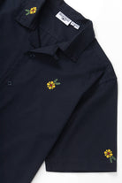 Dark navy cross stitch shirt front detail premium utility shirt Japanese streetwear design close up