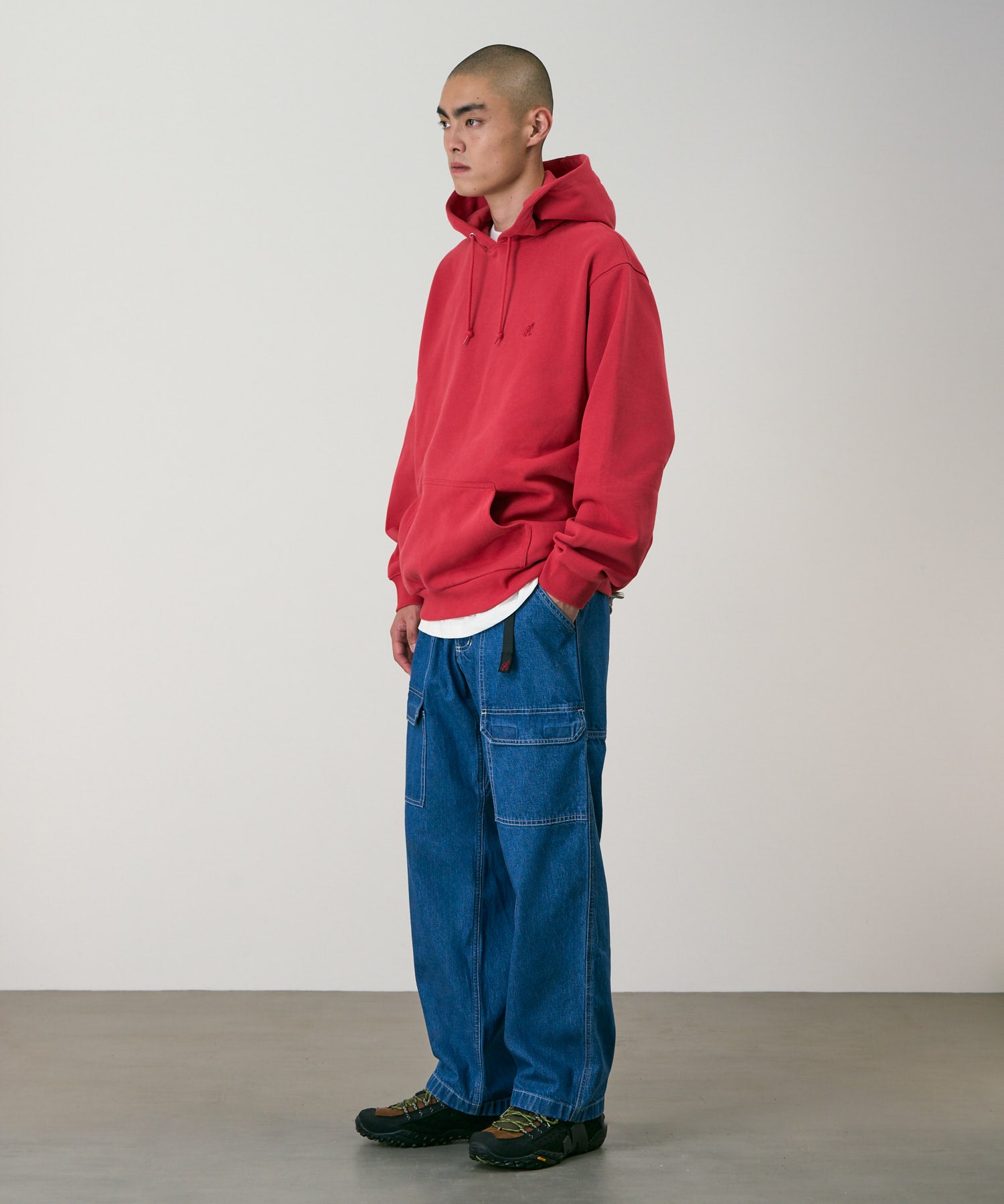 Front view of model wearing Denim EQT Pant in Light Wash