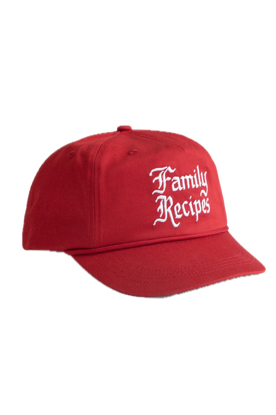 Red cotton Family Recipes cap front view casual streetwear everyday wear