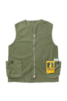 Olive organic cotton utility vest with pockets, front view