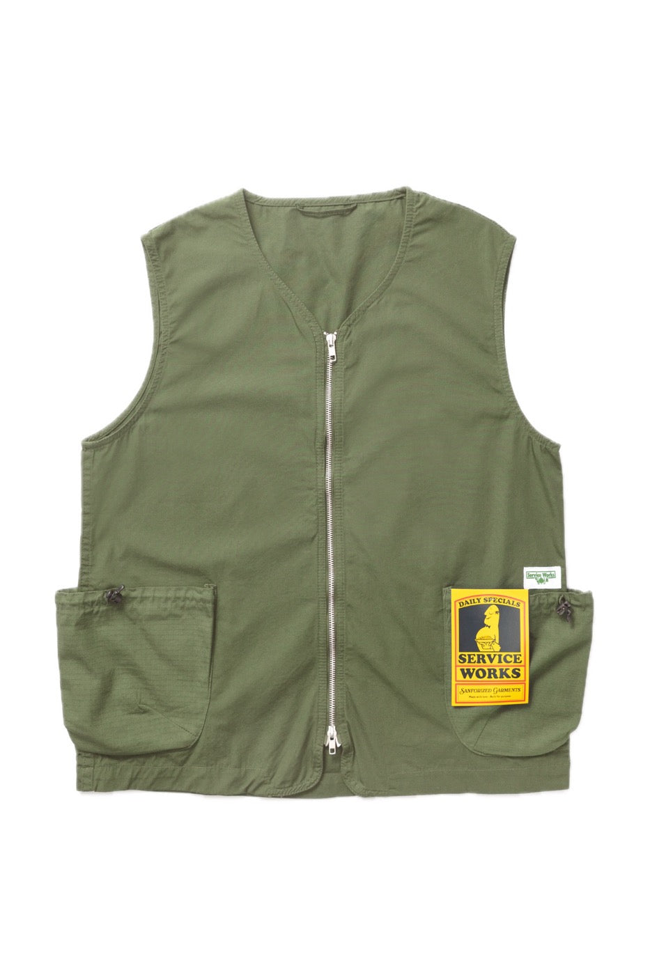 Olive organic cotton utility vest with pockets, front view