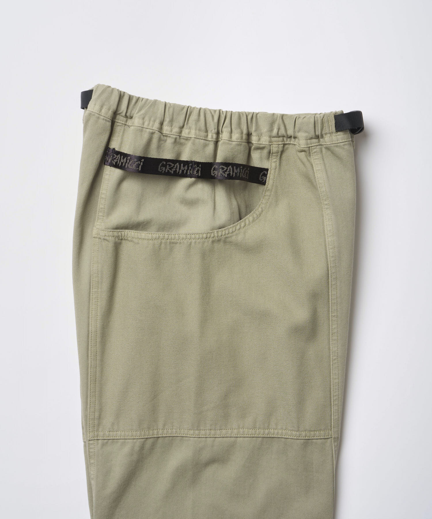 Close-up of Gramicci Gadget Pant Dried Sage highlighting premium cotton twill fabric and quality craftsmanship