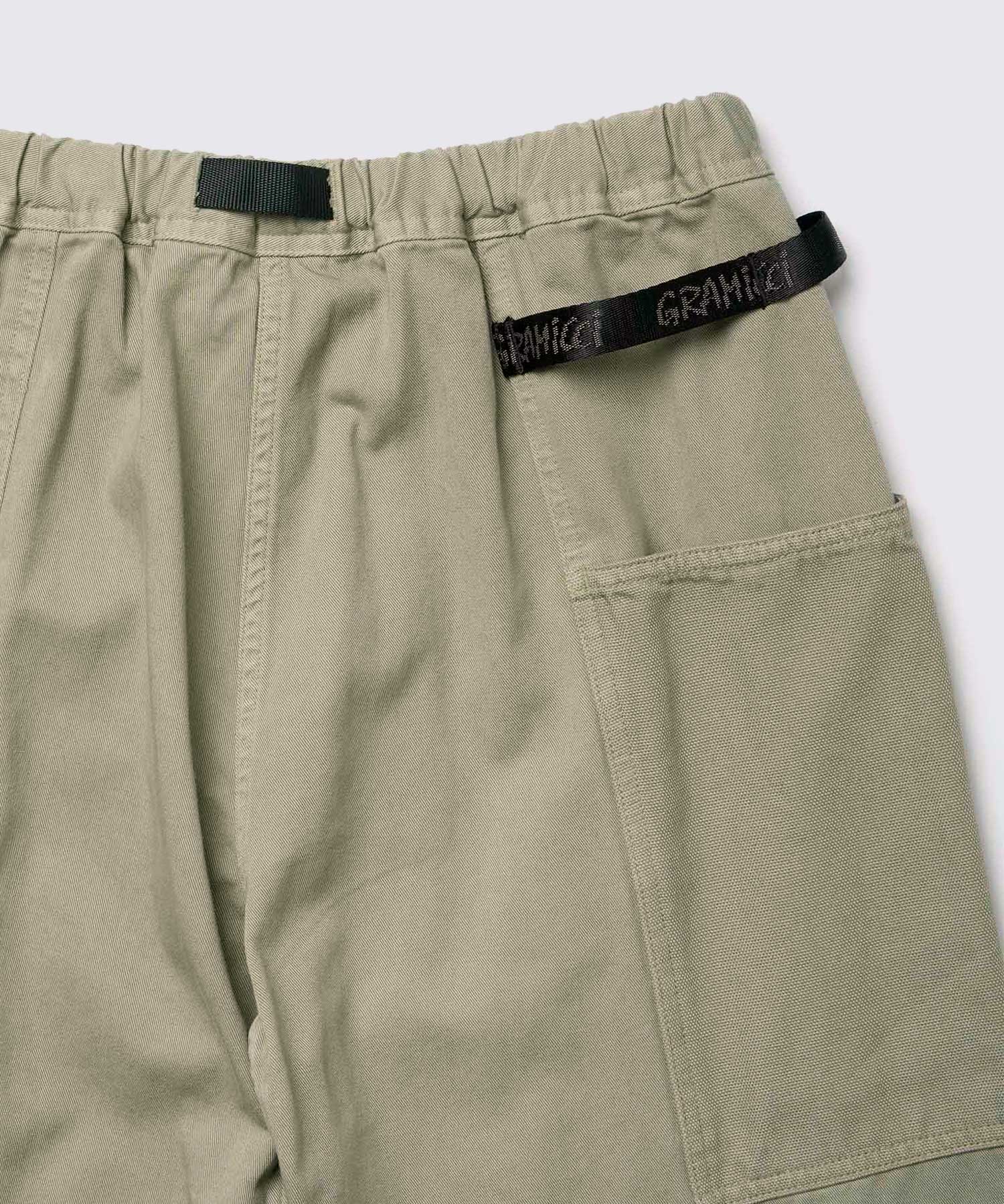 Close-up of Gramicci Gadget Pant Dried Sage showcasing reinforced stitching and premium cotton twill construction