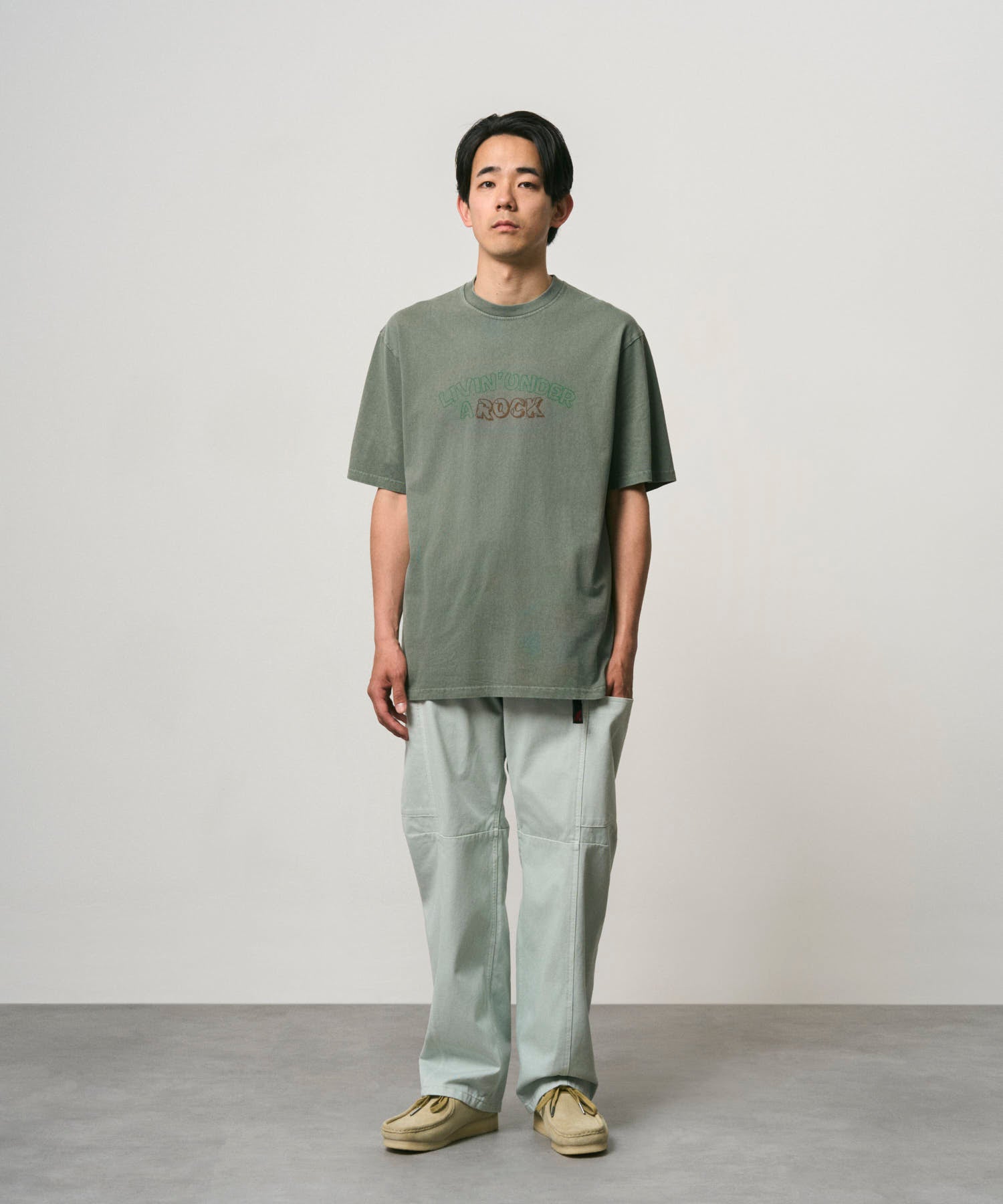 Gramicci Livin Tee Sage Pigment relaxed fit cotton t-shirt on model