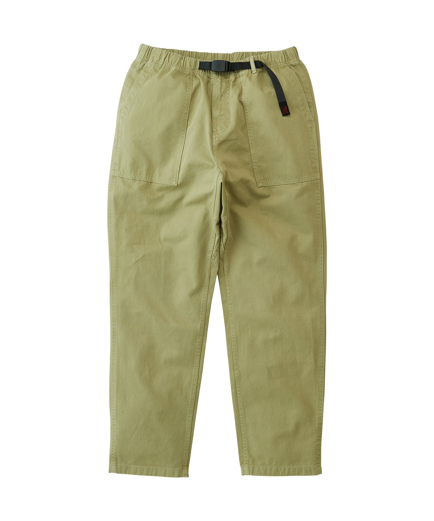 Front view of model wearing Gramicci Loose Tapered Ridge Pant Faded Olive with durable eco cotton twill, relaxed fit and tapered full-length design for everyday wear.