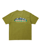 Gramicci Mountaineering Tee Pistachio Pigment made from eco cotton with mid-weight jersey fabric, regular fit and outdoor graphic design.