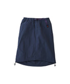 Gramicci Nylon Packable Midi Skirt Navy made from recycled quick-drying nylon with an adjustable belt and lightweight design for travel and everyday wear.