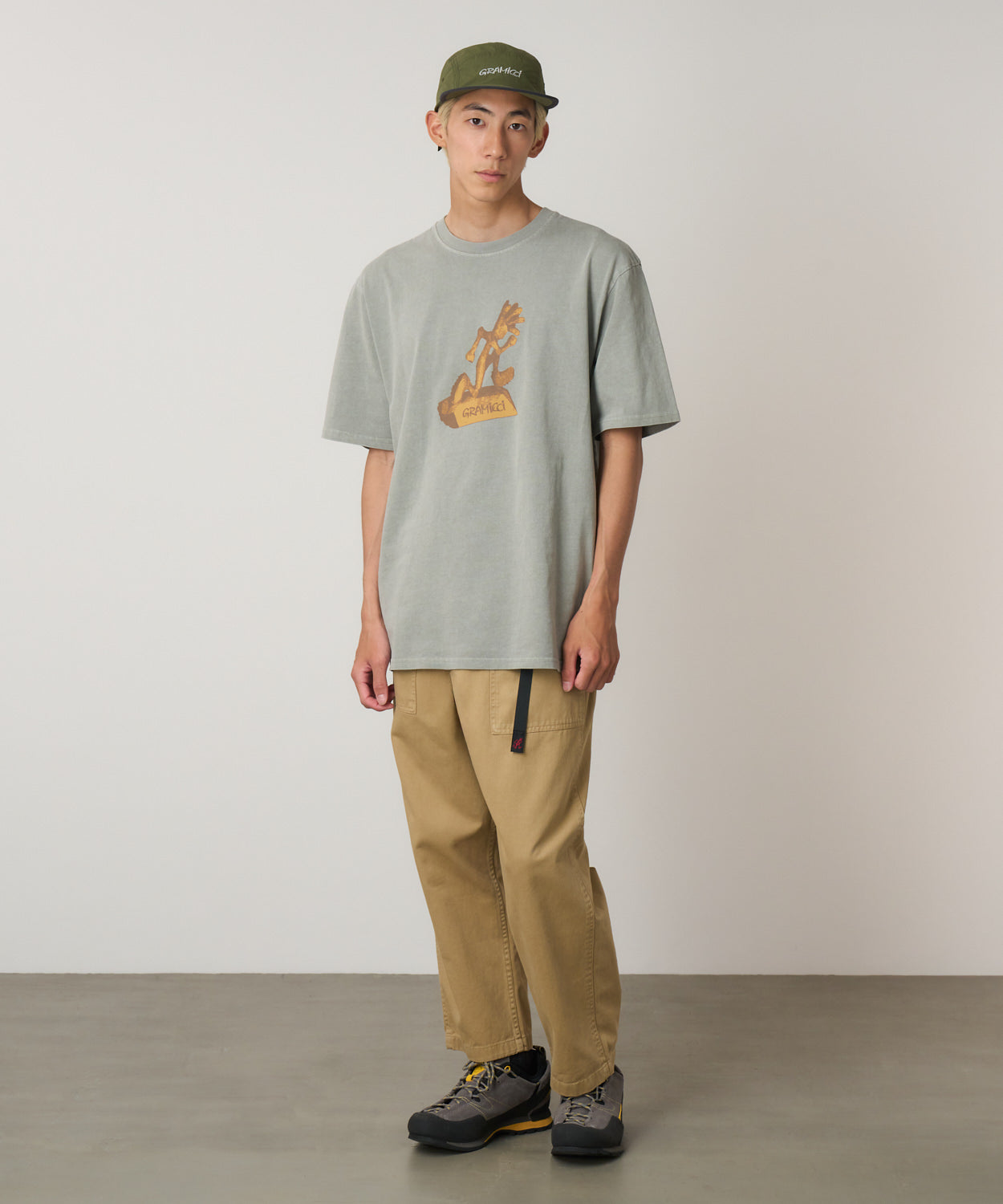 Gramicci Sculpture Tee in Grey Pigment worn on model showing relaxed streetwear fit front view