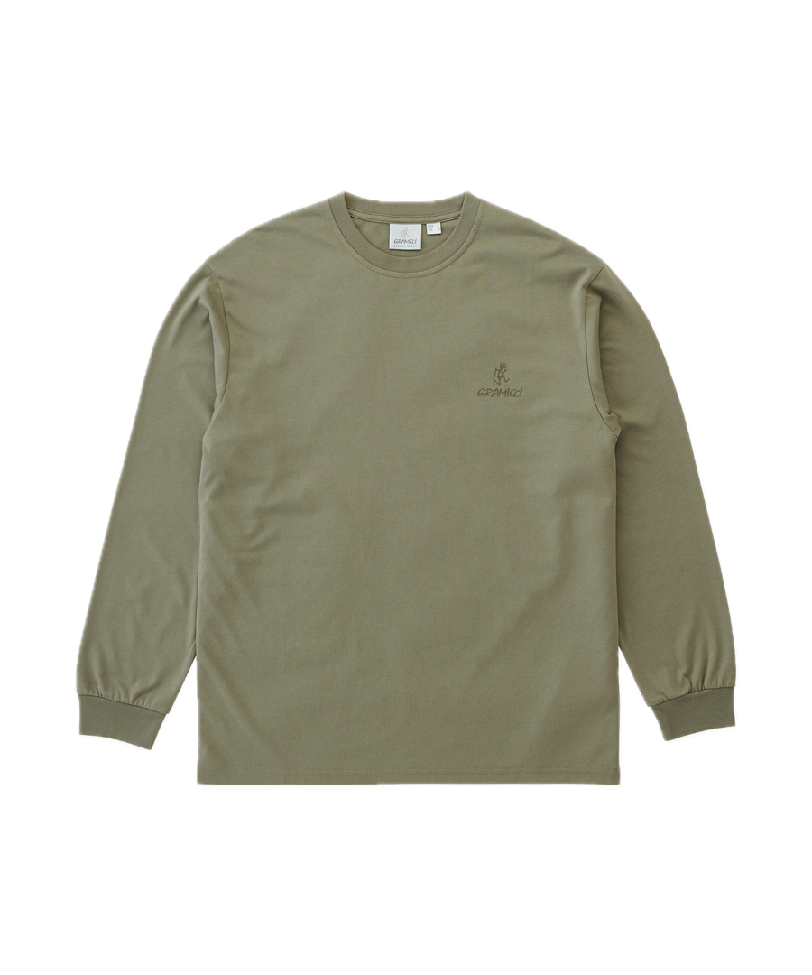 Khaki long sleeve tee with regular fit, soft cotton blend fabric and chest logo front view by LE.SHOP