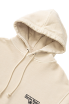 Natural beige loopback trademark hoodie front detail premium cotton streetwear design
