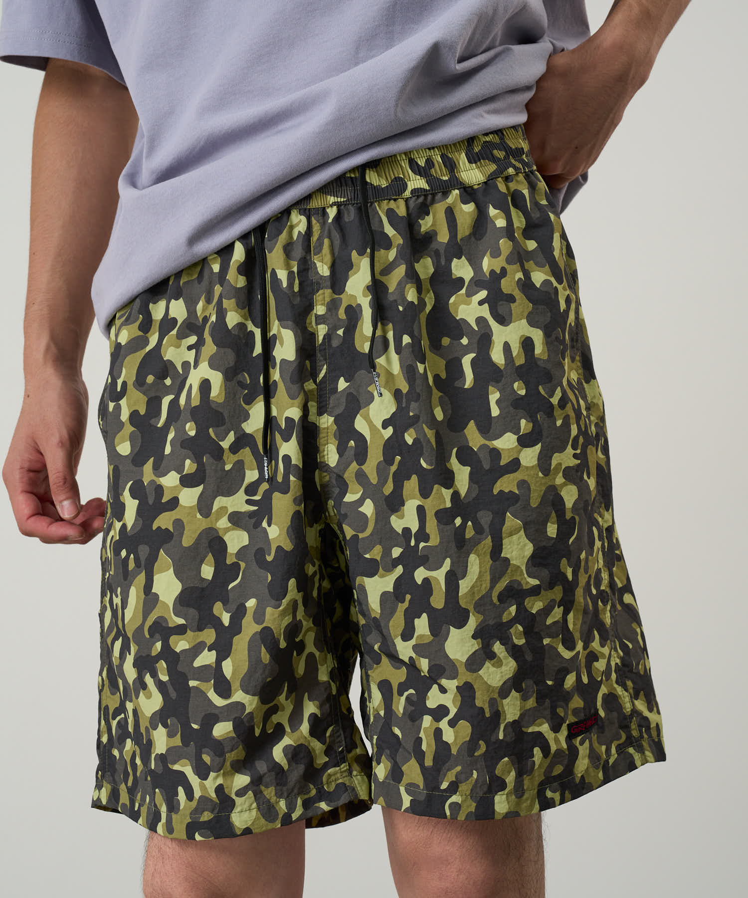 Nylon Reef Shorts Olive Camo by LE.SHOP – on model fit view