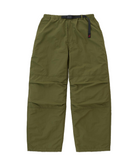 Olive nylon paneled trek pants with wide-leg fit and elastic waistband, durable lightweight utility trousers front view