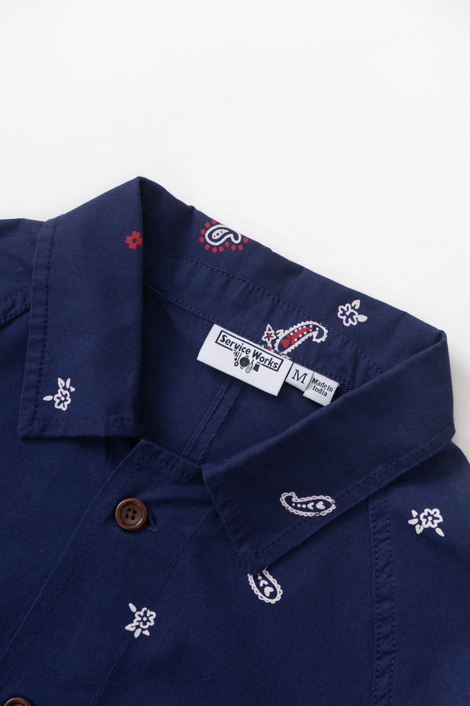 Royal paisley overshirt jacket side angle lifestyle view in organic cotton