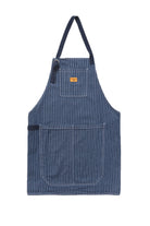 Indigo pinstripe denim apron premium workwear for cooking barista and workshop use front view