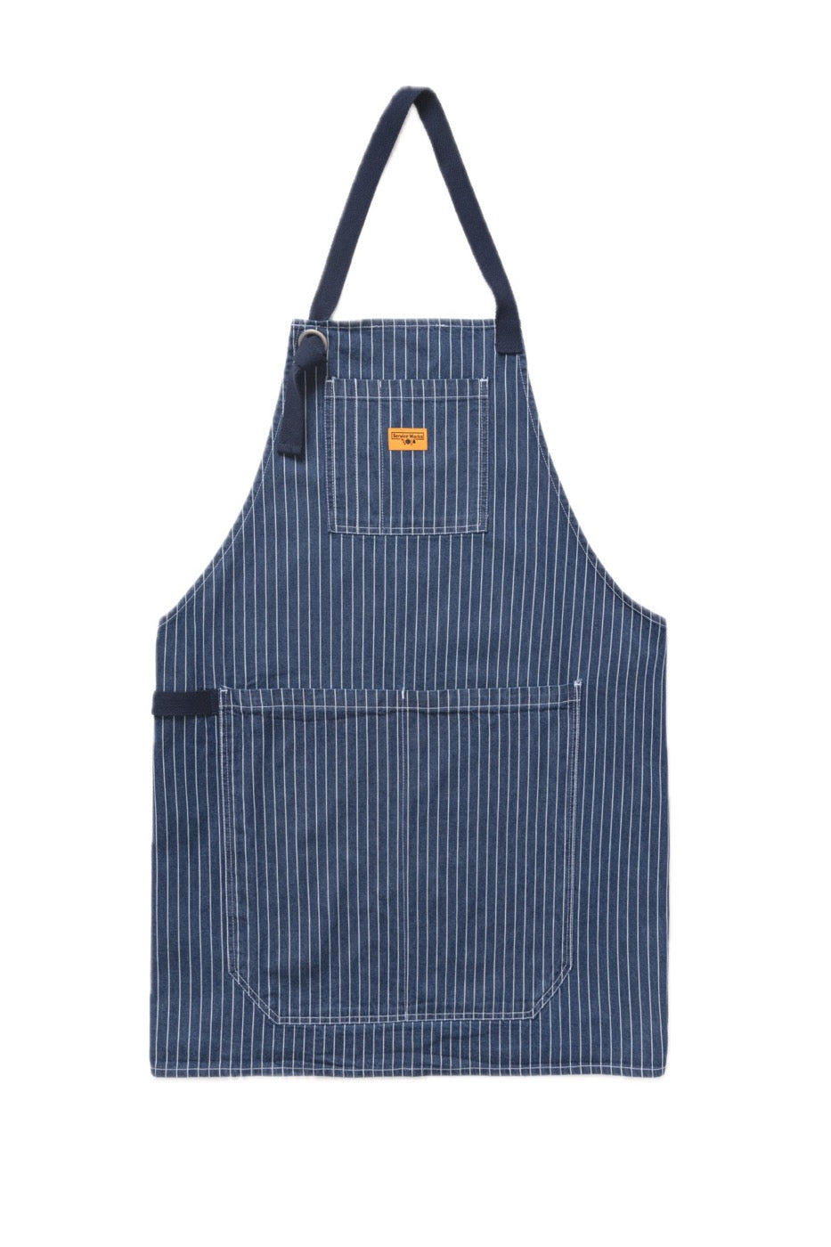 Indigo pinstripe denim apron premium workwear for cooking barista and workshop use front view