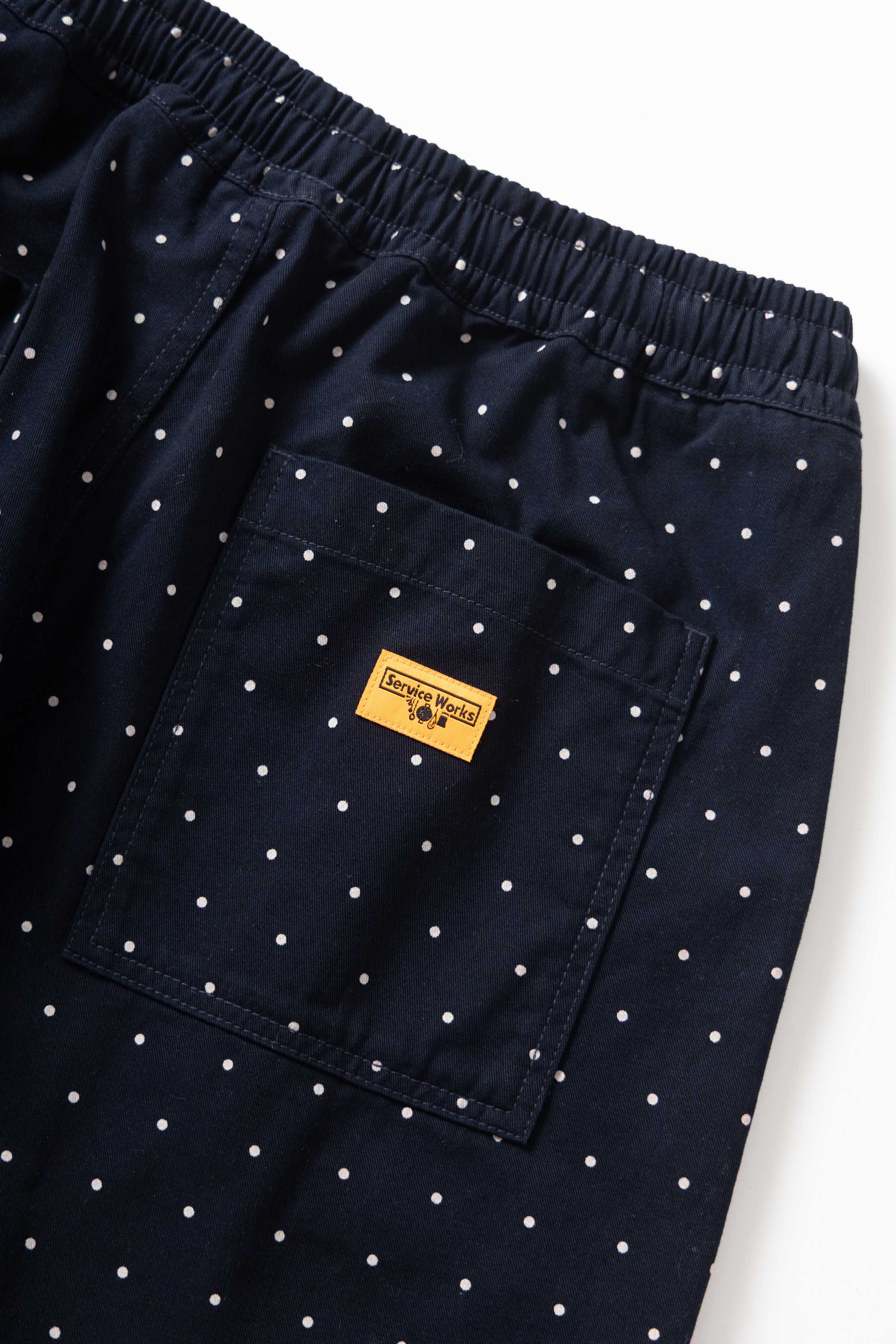 Polka Dot Chef Pants in navy made from 200 GSM GOTS organic cotton drill with relaxed fit and workwear styling