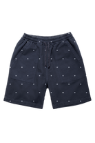 Navy Polka Dot Chef Shorts featuring organic cotton fabric, relaxed silhouette and functional workwear-inspired pocket design front view