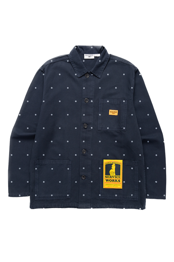 Polka Dot Chore Shirt in navy made from GOTS organic cotton drill, classic workwear shirt with three front pockets and button closure front view
