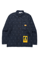 Polka Dot Chore Shirt in navy made from GOTS organic cotton drill, classic workwear shirt with three front pockets and button closure front view