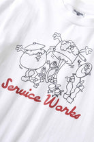 Detail view of white Pots & Pans graphic t-shirt highlighting print quality, organic cotton fabric and premium midweight construction