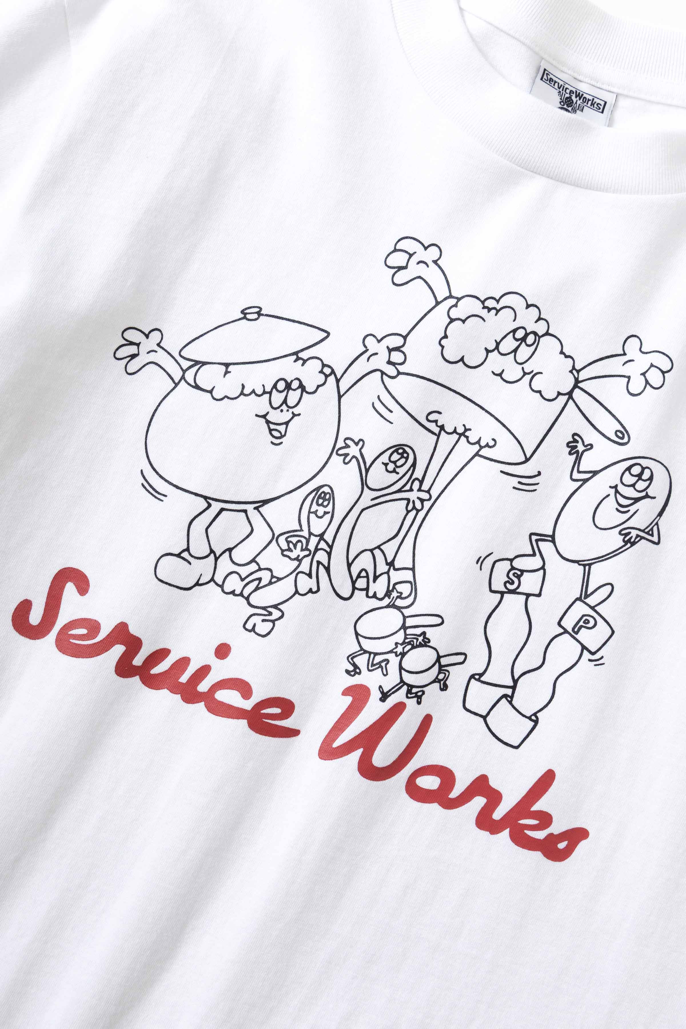 Detail view of white Pots & Pans graphic t-shirt highlighting print quality, organic cotton fabric and premium midweight construction