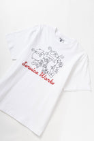 Front view of model wearing white Pots & Pans graphic t-shirt with organic cotton fabric, standard fit and premium everyday streetwear style