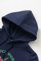 LE.SHOP Radish Hoodie Navy streetwear hoodie worn in lifestyle setting