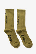 Olive Salt + Pepper crew socks by Service Works with signature graphic, angled view on white background