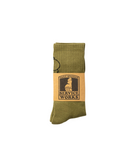 Olive Salt + Pepper crew socks by Service Works with signature graphic, front view on white background