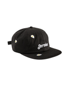 Black 6-panel cap with embroidered egg graphic and “Service” text on front, studio product shot