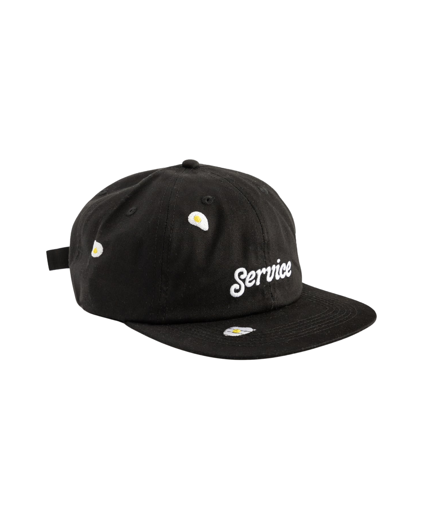 Black 6-panel cap with embroidered egg graphic and “Service” text on front, studio product shot