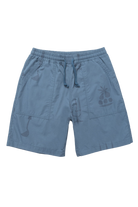 Service Works Nourish Chef Shorts in blue relaxed fit work shorts with logo detail on white background