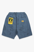 Service Works Chore Shorts in slate with Nourish print and yellow label detail relaxed fit workwear shorts on white background