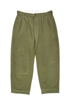 Service Works Drill Part Timer pants in olive green flat lay showing pleated balloon fit workwear design