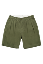 Service Works Drill Part Timer shorts in olive green flat lay showing pleated workwear design