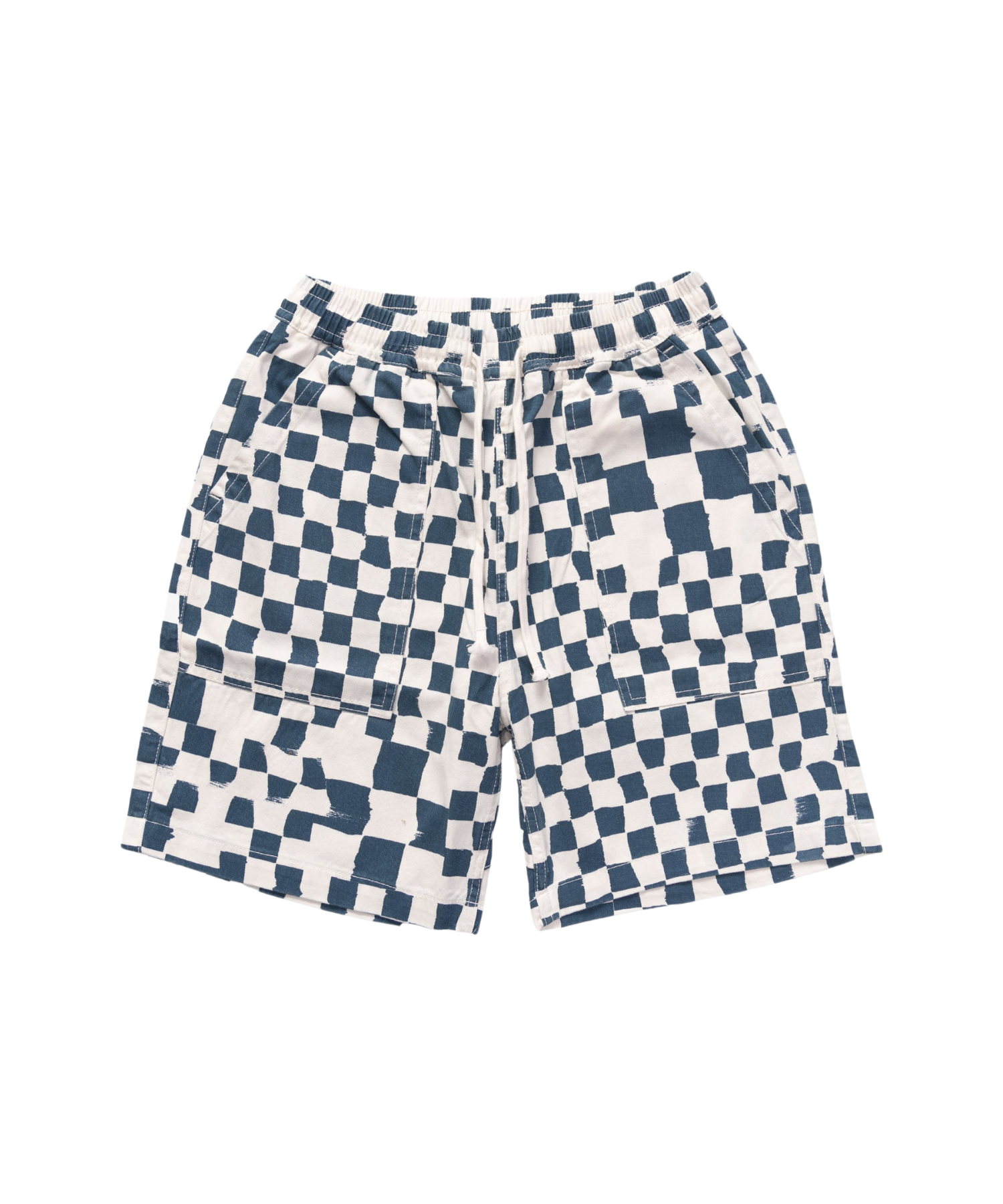 Service Works Printed Chef Short in Teal Checker featuring relaxed straight fit, elastic waistband and utility fatigue pockets.