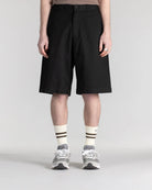 Front view of Stan Ray A Short Black Twill with a relaxed fit and durable cotton twill construction for everyday comfort and casual wear.