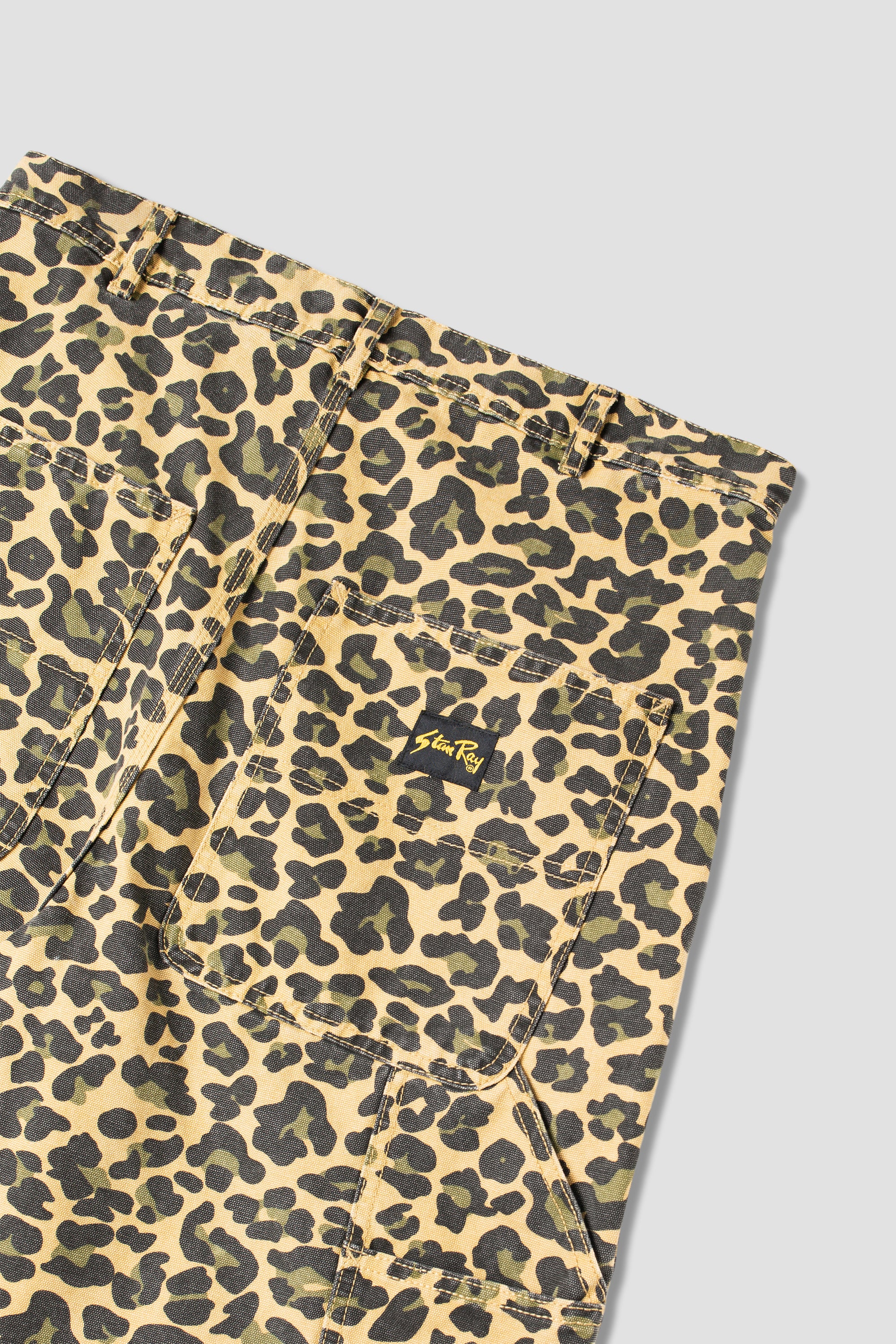Stan Ray Big Job Short Leopard Camo full view showing oversized fit, durable cotton twill construction and multiple utility pockets for everyday wear.