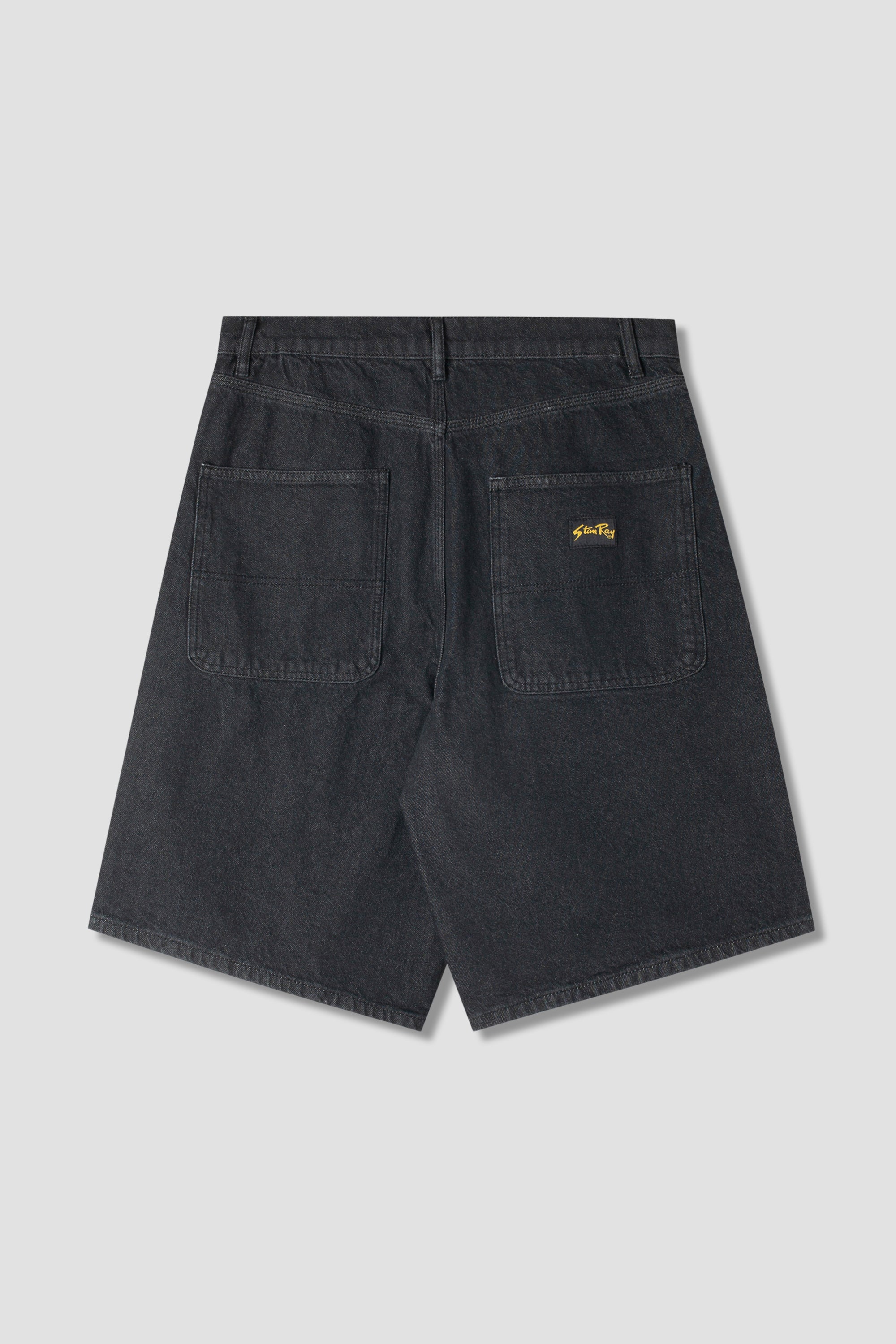 Close-up detail of Stan Ray Wide 5 Short Charcoal Denim showing heavyweight cotton denim fabric, stitching and classic construction.