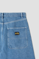 Close-up detail of Stan Ray Wide 5 Short Mid Stone Denim showing heavyweight cotton denim texture, stitching and durable construction.