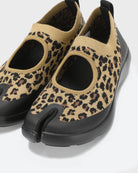 Close-up front view of Brown Leopard Tabi sandals showing split toe design and upper detail