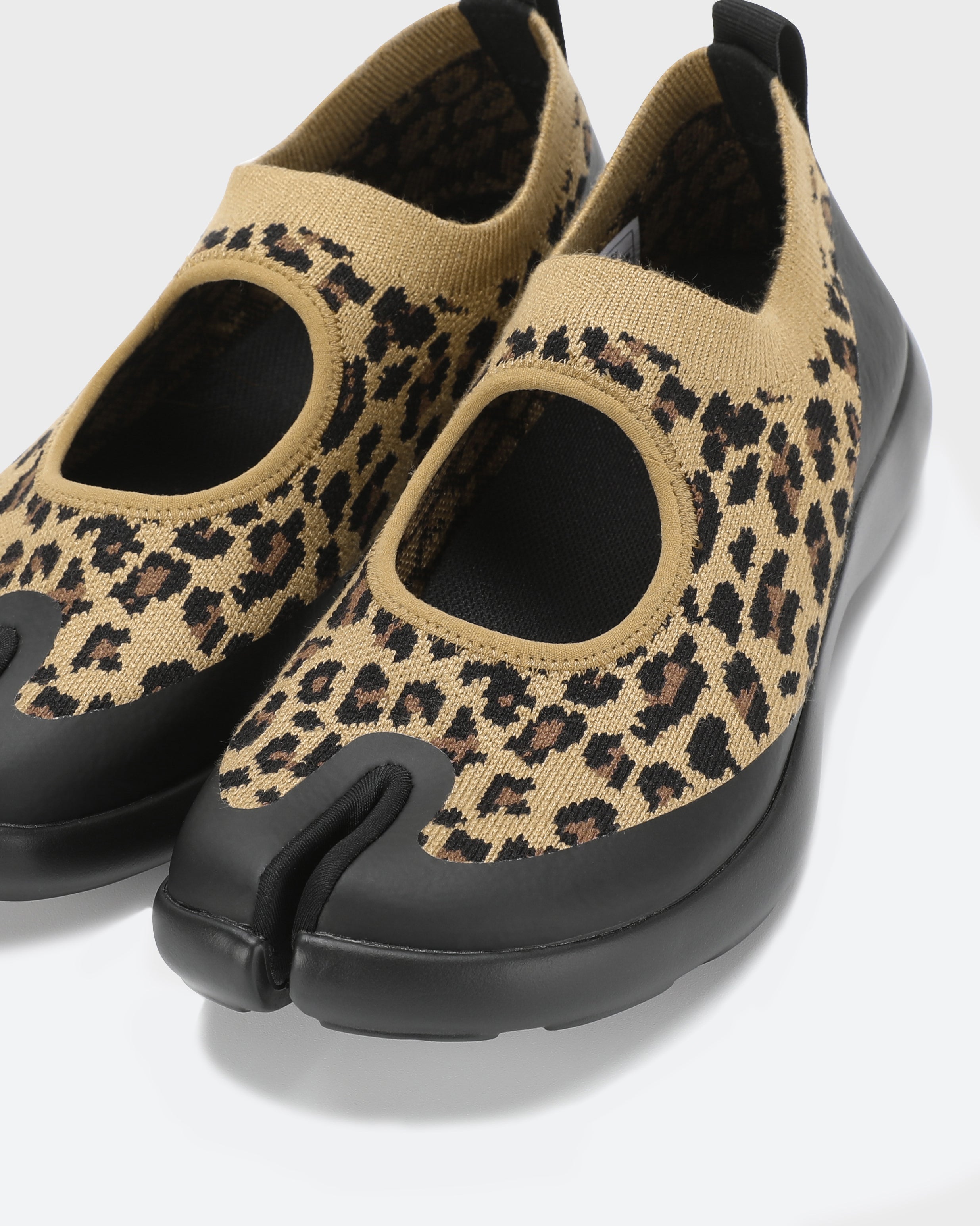 Close-up front view of Brown Leopard Tabi sandals showing split toe design and upper detail