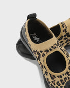 Close-up of logo detail on Brown Leopard Tabi sandals showing branding on upper strap