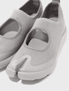 Front close-up of Tabi Sandal Grey split-toe knit sandals with soft tencel upper and cushioned Ortholite insole for comfort.