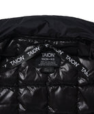 Brand name tag detail of Taion Hi Neck W-Zip Down Jacket in Dark Olive
