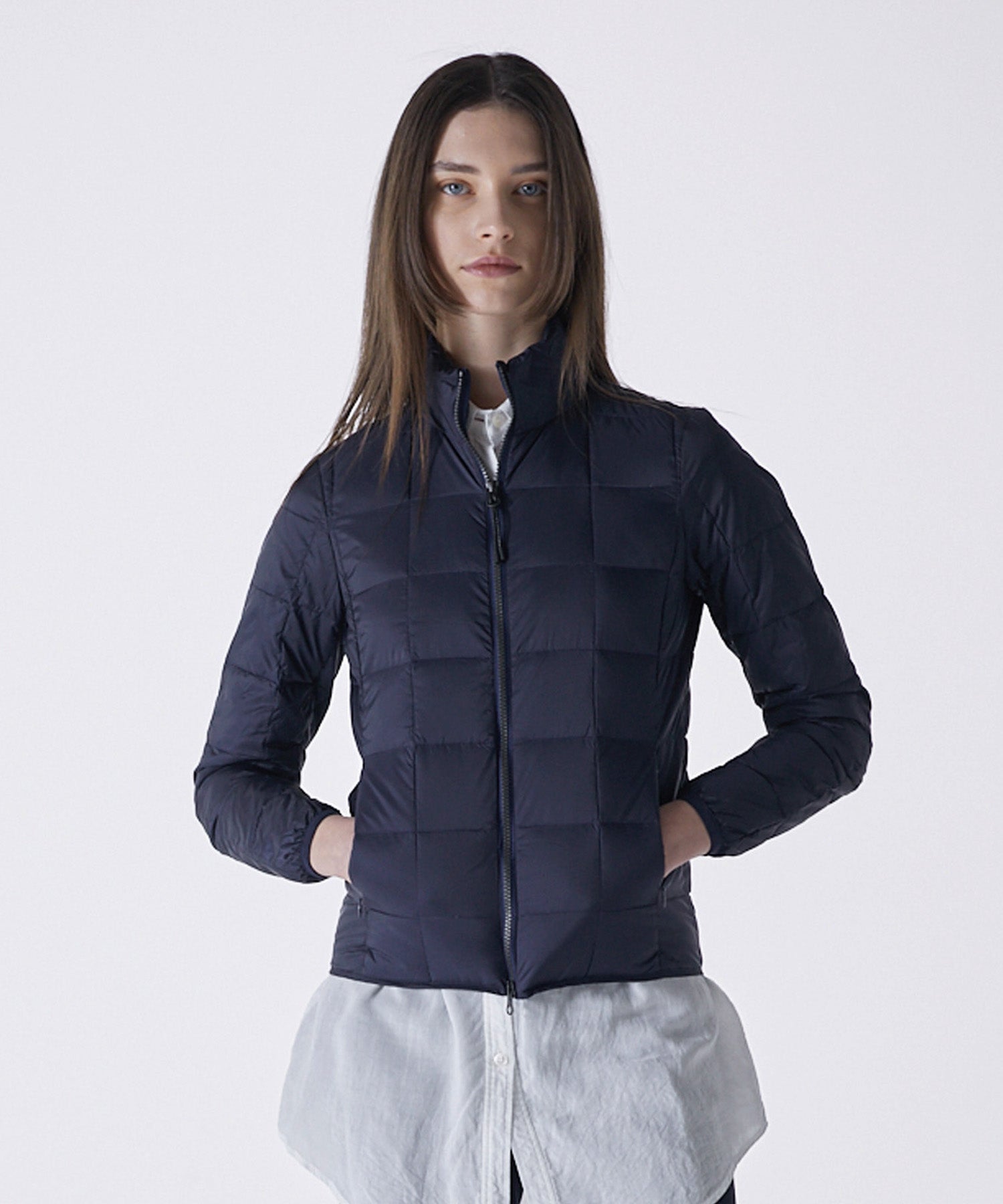 Model wearing Taion Hi Neck W-Zip Down Jacket in Navy