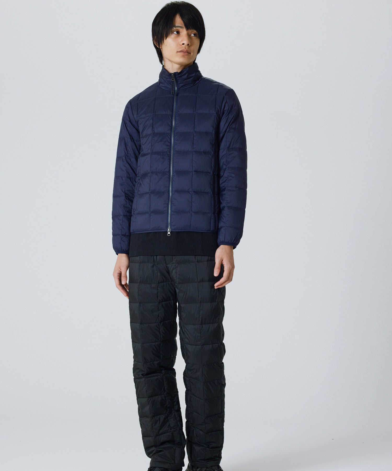 Full outfit setup featuring Taion Hi Neck W-Zip Down Jacket in Navy